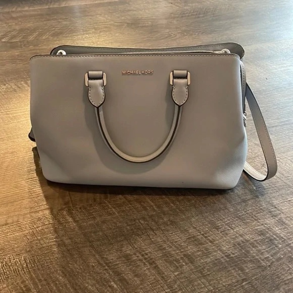 Michael Kors Gray Satchel with Sleek Design and Metallic Accents